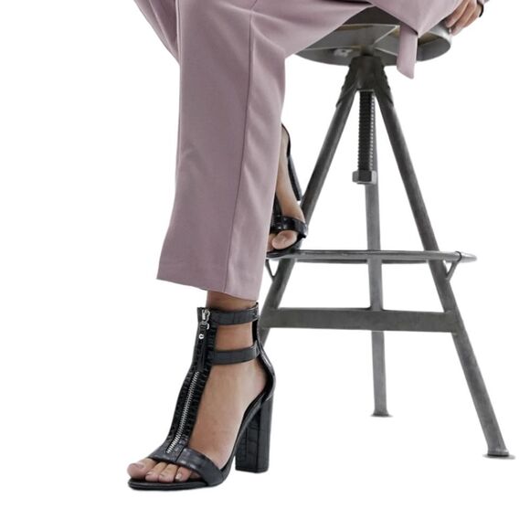 Simmi London Black Zip Up Detail Mock Croc Block Heel Sandals Size 7 - Picture 2 of 12